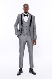 Patterned Grey Velvet Lapel Groom Suit $150 - $200, 3 Piece Tuxedo, 3-piece-suit, 34, 36, 38, 40, 42, 44, 46, 48, 6 Drop, Dot Patterned, Italian, Italian Suit, Modern Fit, Party, Patterned, S