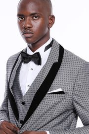 Patterned Grey Velvet Lapel Groom Suit $150 - $200, 3 Piece Tuxedo, 3-piece-suit, 34, 36, 38, 40, 42, 44, 46, 48, 6 Drop, Dot Patterned, Italian, Italian Suit, Modern Fit, Party, Patterned, S