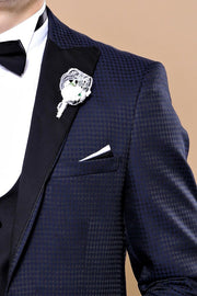 Patterned Jacket Navy Blue Tuxedo 3-piece-suit, 36, 38, 40, 42, 44, 46, Blue, Double Breasted, mens-suit_obsolete, Modern Fit, Navy, Navy Blue, Party, Peak, Peak Lapel, Slim Fit, Slim Fit Sui