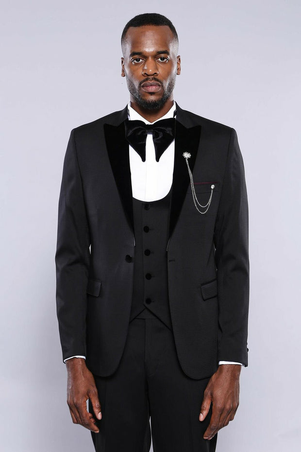 Patterned Jacket Black Tuxedo | Wessi 3 Piece Suits, 3-piece-suit, 36, 38, 40, 42, 44, 46, 48, Black, mens-suit, mens-suit_obsolete, Party, Peak, Peak Lapel, Suit, Wedding Suit3 Piece Suits -