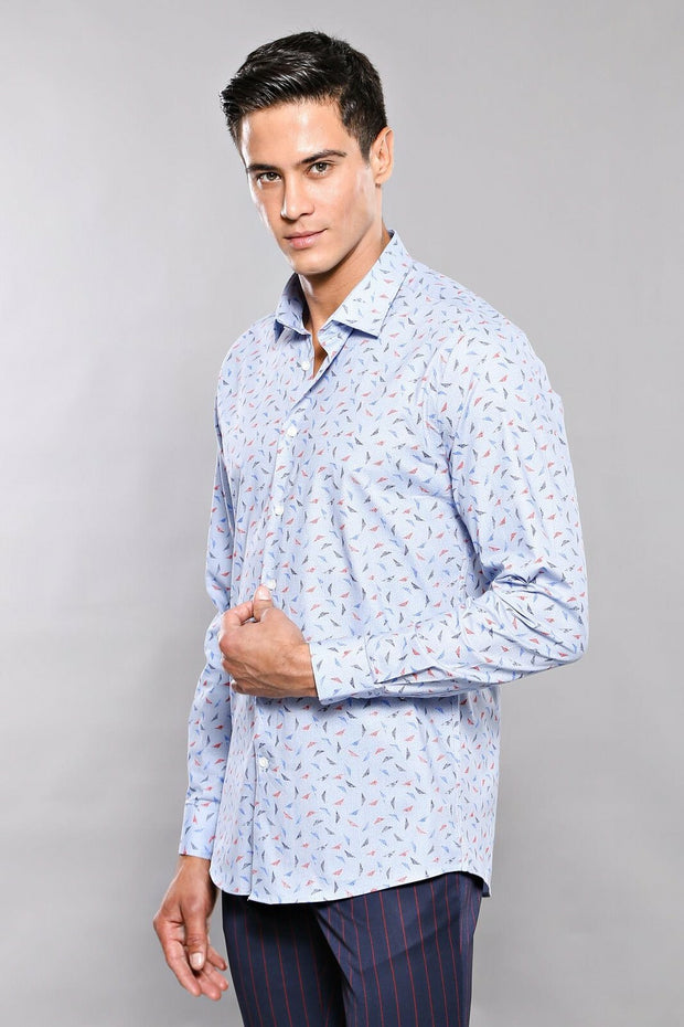 Patterned Long Sleeve Blue Men's Shirt | Wessi 3-piece-suit, Casual, Cuff, Daily, Italian, Long Sleeve, Modern Fit, Patterned, Shirt, Slim Fit, Slim Fit Shirt, Sport ShirtSlim Fit Shirt - wes