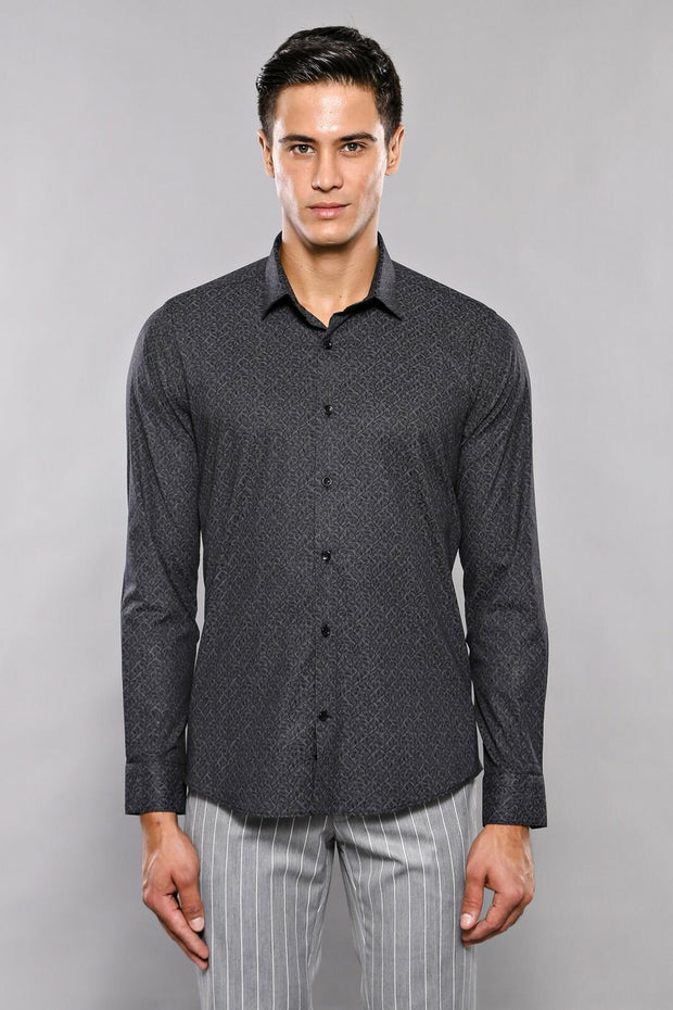 Patterned Long Sleeve Dark Grey Shirt 3-piece-suit, Black, Casual, Cuff, Daily, Floral, Grey, Italian, L, Long Sleeve, M, Modern Fit, Patterned, S, Shirt, Short Sleeve, Slim Fit, Slim Fit Shi