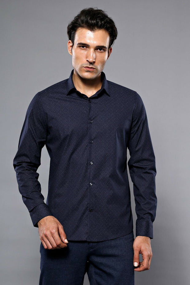 Patterned Navy Blue Men's Shirt | Wessi 3-piece-suit, Blue, Casual, Cuff, Daily, Floral, Italian, Long Sleeve, Modern Fit, Navy, navy-blue, Patterned, Shirt, Short Sleeve, Slim Fit, Slim Fit 