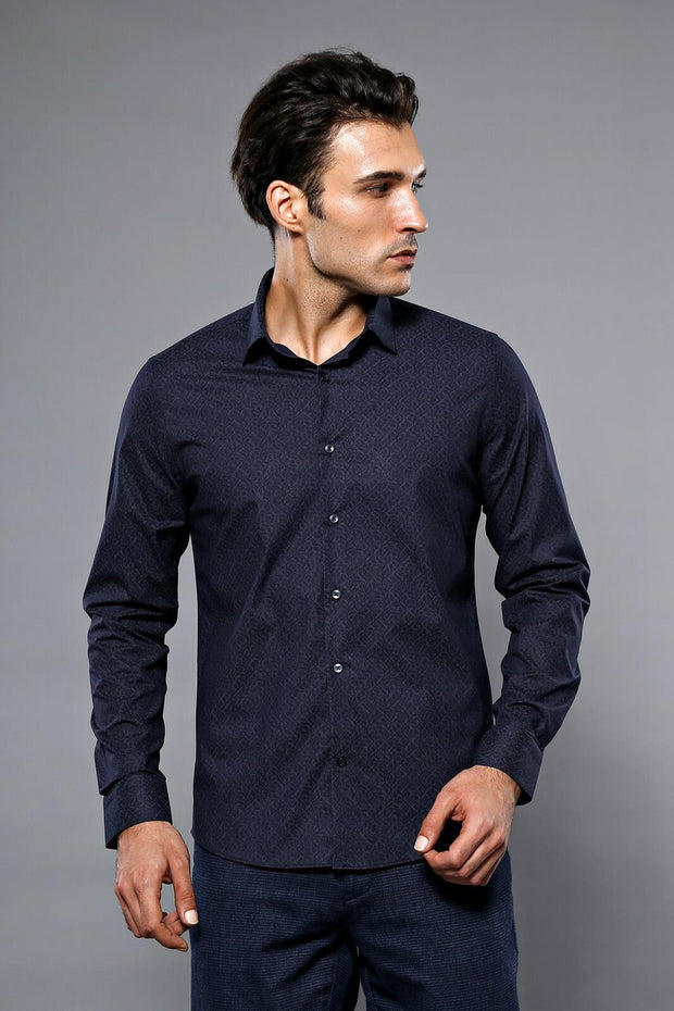 Patterned Navy Blue Men's Shirt | Wessi 3-piece-suit, Blue, Casual, Cuff, Daily, Floral, Italian, Long Sleeve, Modern Fit, Navy, navy-blue, Patterned, Shirt, Short Sleeve, Slim Fit, Slim Fit 