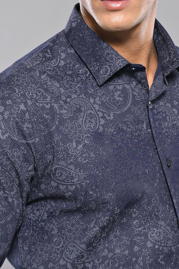 Patterned Navy Blue Shirt | Wessi 3-piece-suit, blue, Casual, Cuff, Daily, Floral, Italian, Long Sleeve, Modern Fit, Navy, Navy Blue, Patterned, S, Shirt, Slim Fit, Slim Fit Shirt ShirtSlim F