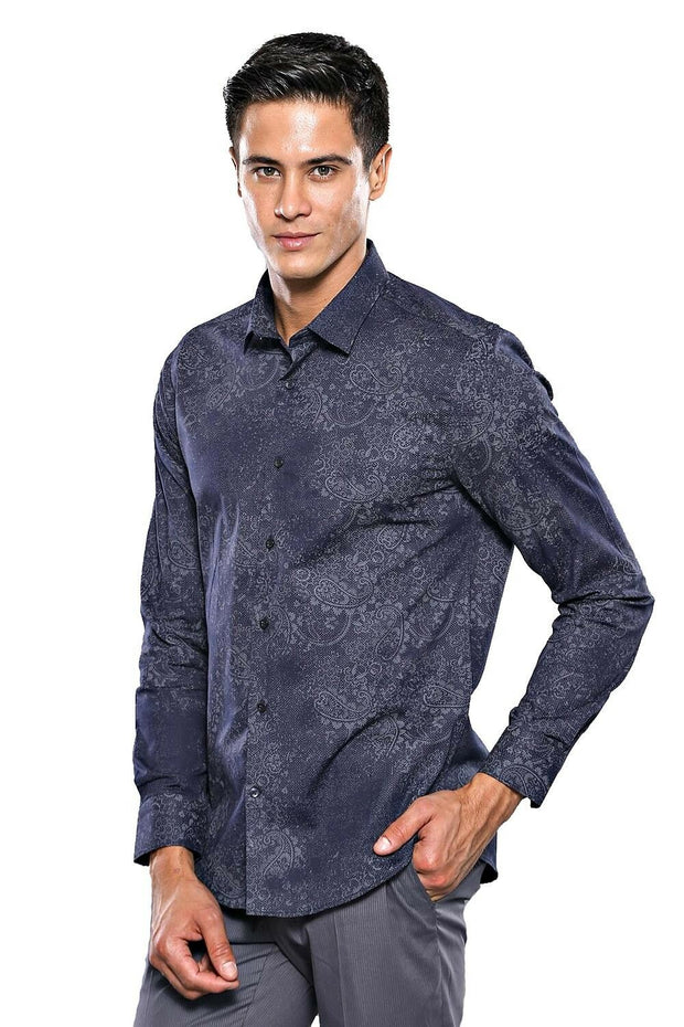 Patterned Navy Blue Shirt | Wessi 3-piece-suit, blue, Casual, Cuff, Daily, Floral, Italian, Long Sleeve, Modern Fit, Navy, Navy Blue, Patterned, S, Shirt, Slim Fit, Slim Fit Shirt ShirtSlim F