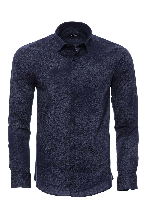 Patterned Navy Blue Shirt | Wessi 3-piece-suit, blue, Casual, Cuff, Daily, Floral, Italian, Long Sleeve, Modern Fit, Navy, Navy Blue, Patterned, S, Shirt, Slim Fit, Slim Fit Shirt ShirtSlim F