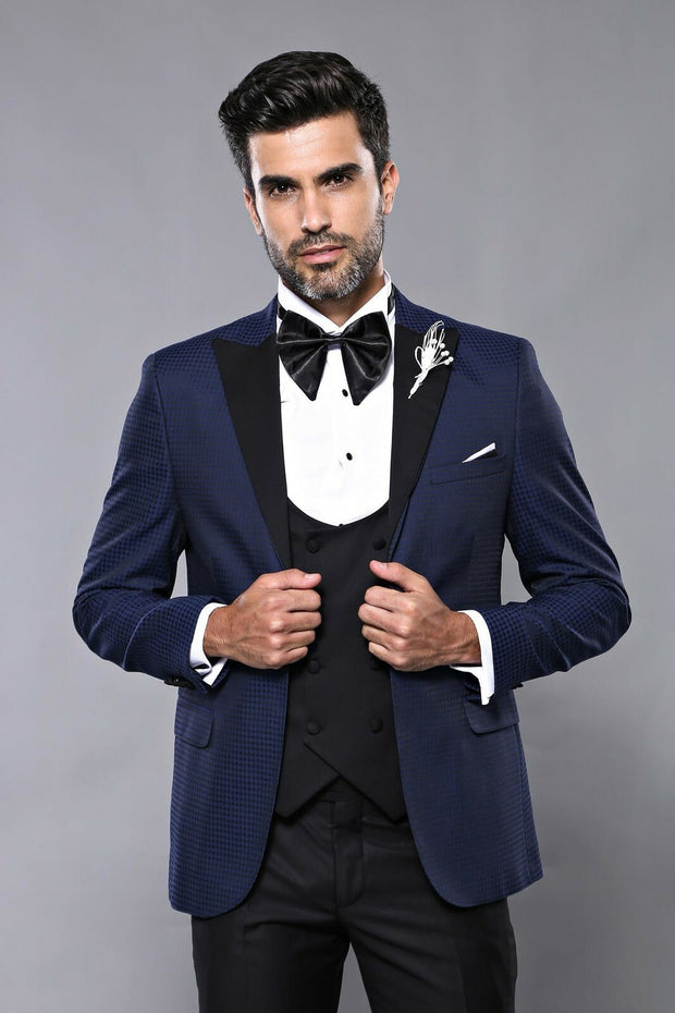 Patterned Navy Blue Slim-Fit Tuxedo 3-piece-suit, 34, 36, 38, 40, 42, 44, 46, Blue, Double Breasted, Modern Fit, Navy, Navy Blue, Party, Peak, Peak Lapel, Slim Fit, Slim Fit Suit, Suit, Weddi