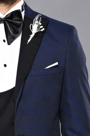 Patterned Navy Blue Slim-Fit Tuxedo 3-piece-suit, 34, 36, 38, 40, 42, 44, 46, Blue, Double Breasted, Modern Fit, Navy, Navy Blue, Party, Peak, Peak Lapel, Slim Fit, Slim Fit Suit, Suit, Weddi