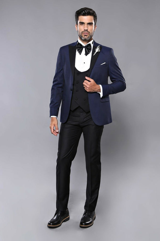 Patterned Navy Blue Slim-Fit Tuxedo 3-piece-suit, 34, 36, 38, 40, 42, 44, 46, Blue, Double Breasted, Modern Fit, Navy, Navy Blue, Party, Peak, Peak Lapel, Slim Fit, Slim Fit Suit, Suit, Weddi