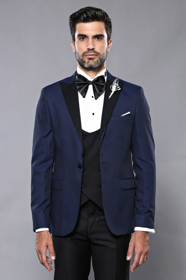 Patterned Navy Blue Slim-Fit Tuxedo 3-piece-suit, 34, 36, 38, 40, 42, 44, 46, Blue, Double Breasted, Modern Fit, Navy, Navy Blue, Party, Peak, Peak Lapel, Slim Fit, Slim Fit Suit, Suit, Weddi