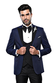 Patterned Navy Blue Slim-Fit Tuxedo 3-piece-suit, 34, 36, 38, 40, 42, 44, 46, Blue, Double Breasted, Modern Fit, Navy, Navy Blue, Party, Peak, Peak Lapel, Slim Fit, Slim Fit Suit, Suit, Weddi