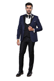 Patterned Navy Blue Slim-Fit Tuxedo 3-piece-suit, 34, 36, 38, 40, 42, 44, 46, Blue, Double Breasted, Modern Fit, Navy, Navy Blue, Party, Peak, Peak Lapel, Slim Fit, Slim Fit Suit, Suit, Weddi