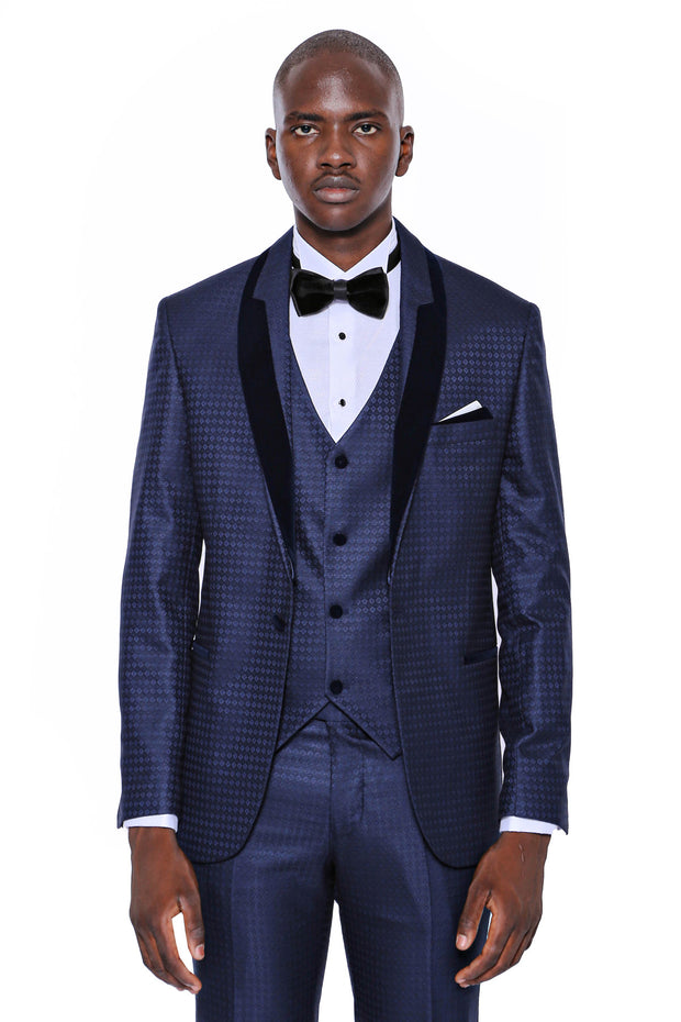 Patterned Navy Blue Velvet Lapel Groom Suit $150 - $200, 3-piece-suit, 34, 36, 38, 40, 42, 44, 46, 48, 6 Drop, Blue, Dot Patterned, Italian Suit, Modern Fit, Navy, Navy Blue, Navy Blue Suit, 