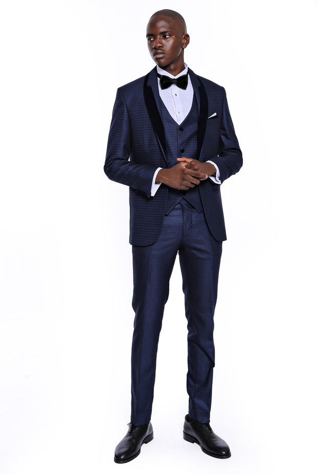 Patterned Navy Blue Velvet Lapel Groom Suit $150 - $200, 3-piece-suit, 34, 36, 38, 40, 42, 44, 46, 48, 6 Drop, Blue, Dot Patterned, Italian Suit, Modern Fit, Navy, Navy Blue, Navy Blue Suit, 