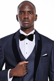 Patterned Navy Blue Velvet Lapel Groom Suit $150 - $200, 3-piece-suit, 34, 36, 38, 40, 42, 44, 46, 48, 6 Drop, Blue, Dot Patterned, Italian Suit, Modern Fit, Navy, Navy Blue, Navy Blue Suit, 