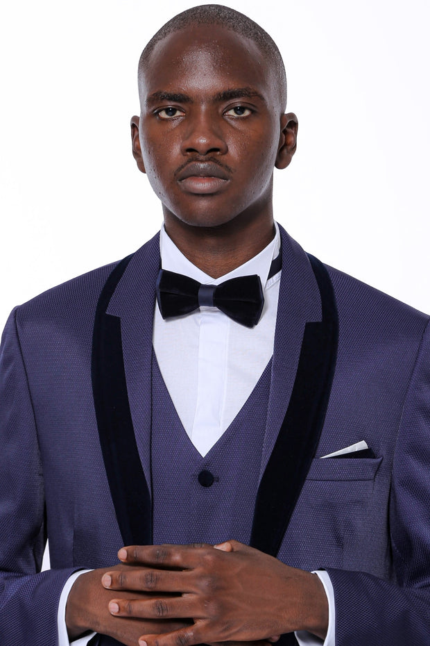 Patterned Navy Blue Velvet Lapel Tuxedo $150 - $200, 3-piece-suit, 34, 36, 38, 40, 42, 44, 46, 48, 6 Drop, Blue, Italian Suit, Modern Fit, Navy, Navy Blue, Party, Patterned, Shawl, Slim Fit, 