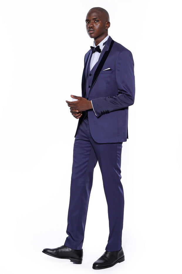 Patterned Navy Blue Velvet Lapel Tuxedo $150 - $200, 3-piece-suit, 34, 36, 38, 40, 42, 44, 46, 48, 6 Drop, Blue, Italian Suit, Modern Fit, Navy, Navy Blue, Party, Patterned, Shawl, Slim Fit, 