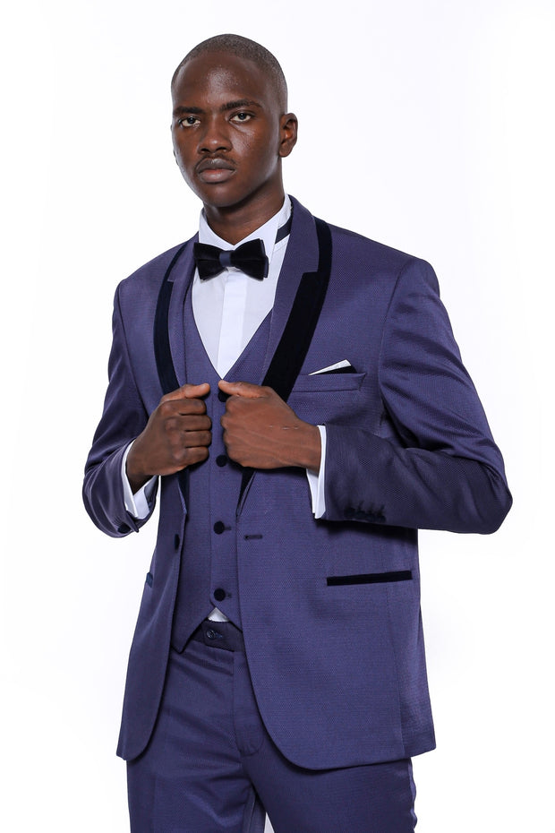 Patterned Navy Blue Velvet Lapel Tuxedo $150 - $200, 3-piece-suit, 34, 36, 38, 40, 42, 44, 46, 48, 6 Drop, Blue, Italian Suit, Modern Fit, Navy, Navy Blue, Party, Patterned, Shawl, Slim Fit, 