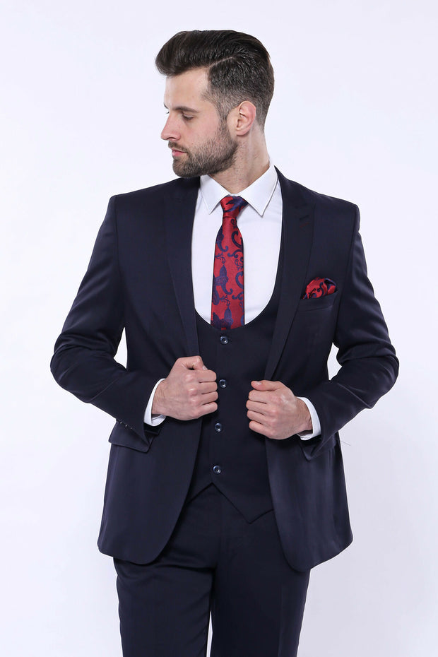 Patterned Navy Blue Vested Suit | Wessi 3 Piece Suits, 3-piece-suit, 34, 36, 38, 40, 42, 44, 46, 48, Blue, Navy, navy-blue, Peak, Peak Lapel, Suit Suit3 Piece Suits - wessi