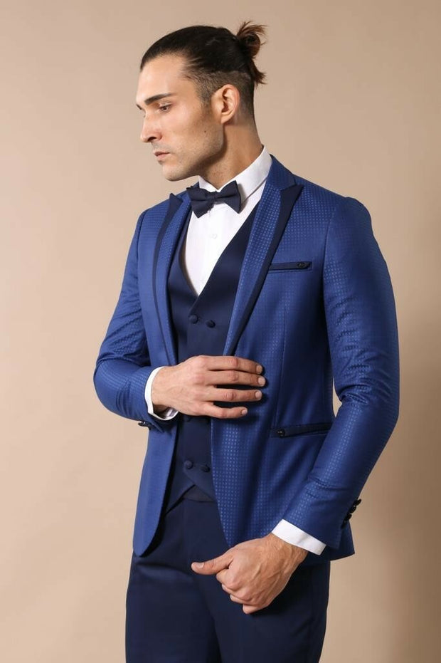 Patterned Navy Blue Wedding Suit 3-piece-suit, 34, 36, 38, 40, 42, Blue, Double Breasted, mens-suit_obsolete, Modern Fit, Navy, Navy Blue, Party, Peak, Peak Lapel, Slim Fit, Slim Fit Suit, Su