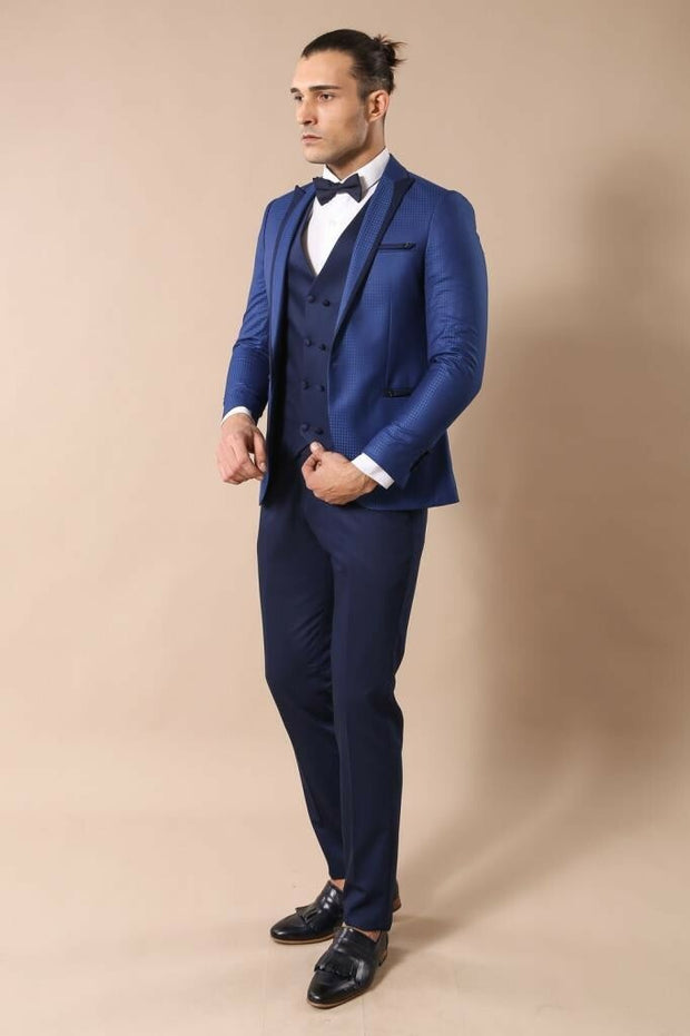 Patterned Navy Blue Wedding Suit 3-piece-suit, 34, 36, 38, 40, 42, Blue, Double Breasted, mens-suit_obsolete, Modern Fit, Navy, Navy Blue, Party, Peak, Peak Lapel, Slim Fit, Slim Fit Suit, Su