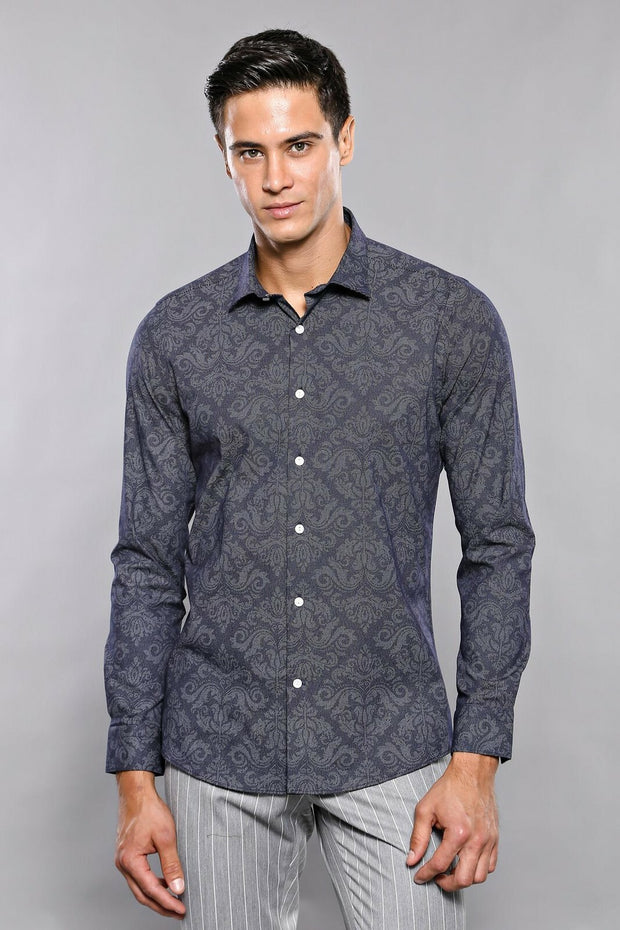 Patterned Navy Shirt | Wessi 3-piece-suit, Blue, Casual, Cuff, Daily, Floral, Italian, Long Sleeve, Modern Fit, Navy, navy-blue, Patterned, Shirt, Slim Fit, Slim Fit Shirt ShirtSlim Fit Shirt