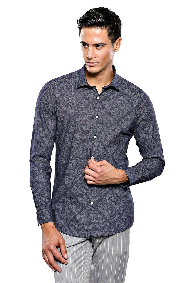 Patterned Navy Shirt | Wessi 3-piece-suit, Blue, Casual, Cuff, Daily, Floral, Italian, Long Sleeve, Modern Fit, Navy, navy-blue, Patterned, Shirt, Slim Fit, Slim Fit Shirt ShirtSlim Fit Shirt