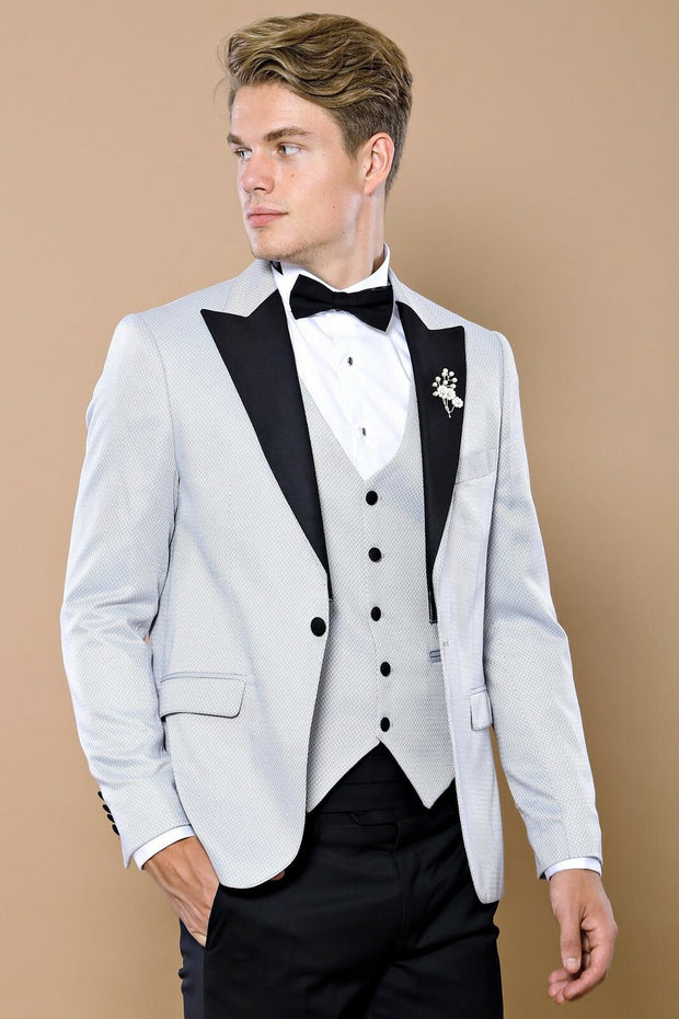 Patterned Removable Lapel Grey Tuxedo | Wessi $150 - $200, 3-piece-suit, 36, 38, 40, 42, 44, 46, 6 Drop, Italian, Italian Suit, mens-suit, mens-suit_obsolete, Modern Fit, Party, Peak, Peak La