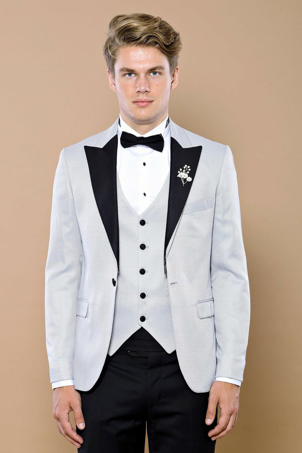 Patterned Removable Lapel Grey Tuxedo | Wessi $150 - $200, 3-piece-suit, 36, 38, 40, 42, 44, 46, 6 Drop, Italian, Italian Suit, mens-suit, mens-suit_obsolete, Modern Fit, Party, Peak, Peak La