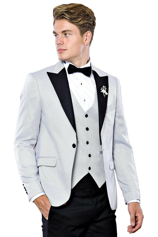 Patterned Removable Lapel Grey Tuxedo | Wessi $150 - $200, 3-piece-suit, 36, 38, 40, 42, 44, 46, 6 Drop, Italian, Italian Suit, mens-suit, mens-suit_obsolete, Modern Fit, Party, Peak, Peak La