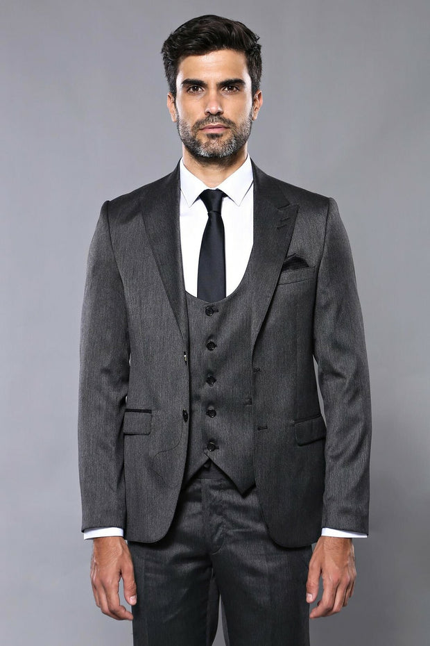 Patterned Shiny Grey Vested Suit $150 - $200, 3-piece-suit, 42, Modern Fit, Office, Patterned, Peak, Peak Lapel, Slim Fit, Slim Fit Suit, Suit SuitSlim Fit Suit - wessi