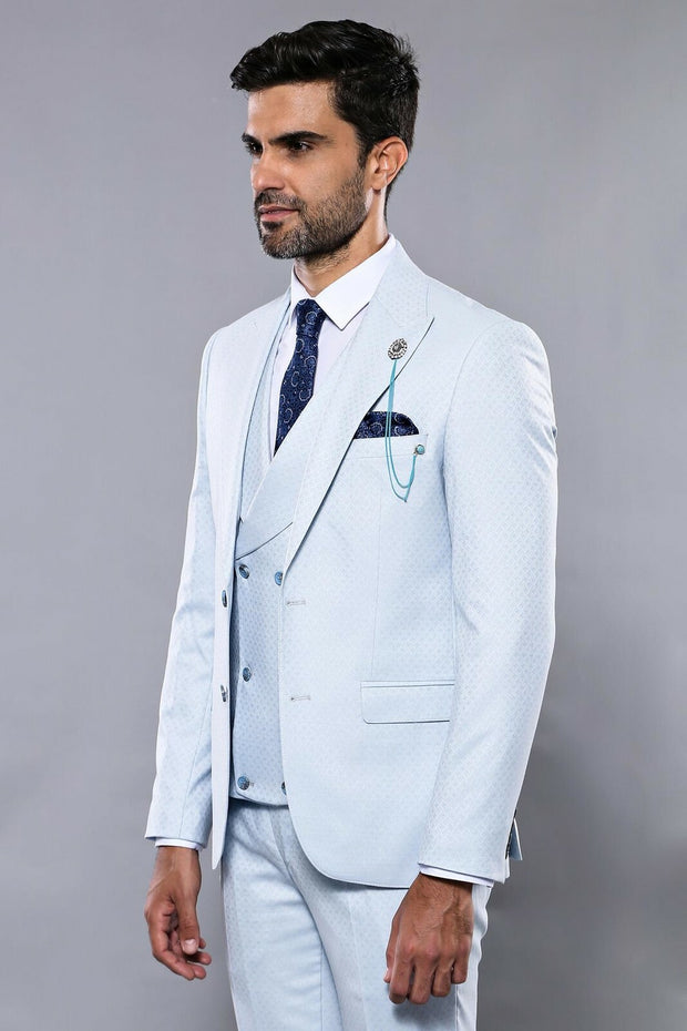 Patterned Sky Blue Vested Suit | Wessi 3-piece-suit, 36, 38, 40, blue, mens-suit, mens-suit_obsolete, Modern Fit, Peak, Peak Lapel, Slim Fit, Slim Fit Suit, Suit SuitSlim Fit Suit - wessi