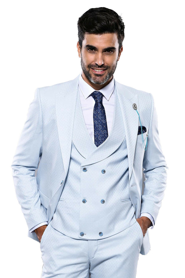 Patterned Sky Blue Vested Suit | Wessi 3-piece-suit, 36, 38, 40, blue, mens-suit, mens-suit_obsolete, Modern Fit, Peak, Peak Lapel, Slim Fit, Slim Fit Suit, Suit SuitSlim Fit Suit - wessi