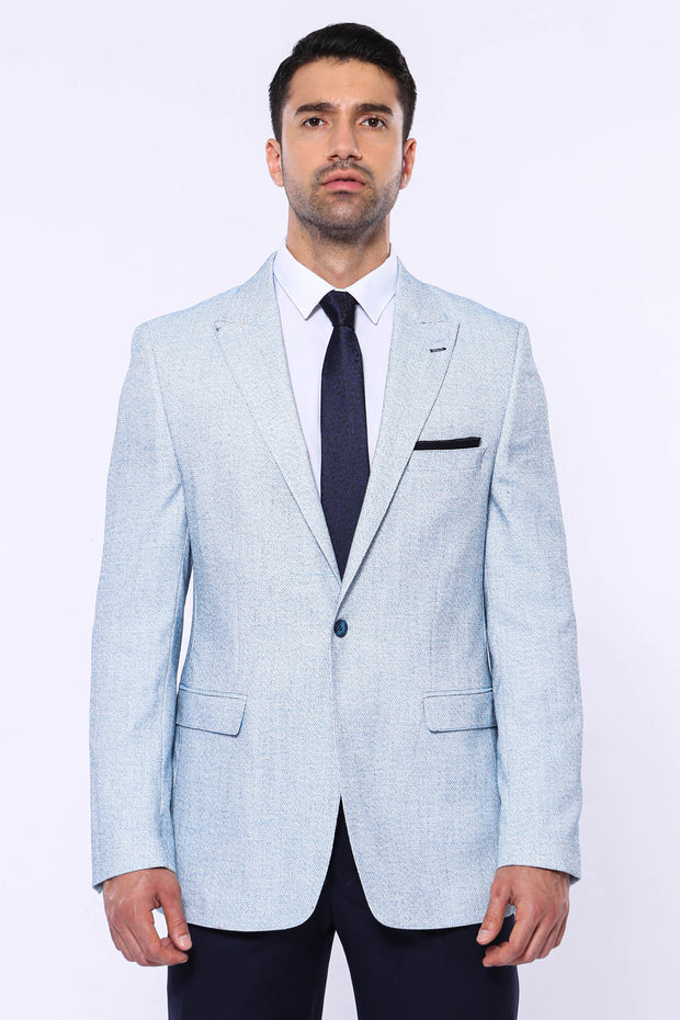 Patterned Slim-Fit Sky Blue Blazer $50 - $100, 34, 36, 38, 40, 42, 44, 46, 48, 6 Drop, blue, Blue Blazer, Casual, Daily, Men's Blazers, Modern Fit, Peak, Peak Lapel, Slim Fit, Sport Men's Bla