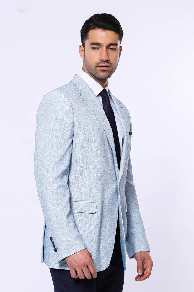 Patterned Slim-Fit Sky Blue Blazer $50 - $100, 34, 36, 38, 40, 42, 44, 46, 48, 6 Drop, blue, Blue Blazer, Casual, Daily, Men's Blazers, Modern Fit, Peak, Peak Lapel, Slim Fit, Sport Men's Bla