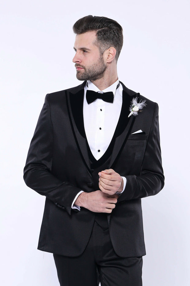 Patterned Velvet Lapel Black Tuxedo | Wessi 3 Piece Suits, 3-piece-suit, 34, 36, 40, 42, 44, 46, 48, Double Breasted, mens-suit_obsolete, Party, Peak, Peak Lapel, Suit, Wedding Suit3 Piece Su