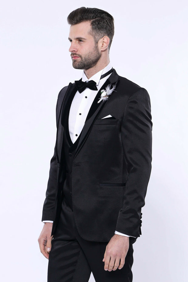 Patterned Velvet Lapel Black Tuxedo | Wessi 3 Piece Suits, 3-piece-suit, 34, 36, 40, 42, 44, 46, 48, Double Breasted, mens-suit_obsolete, Party, Peak, Peak Lapel, Suit, Wedding Suit3 Piece Su