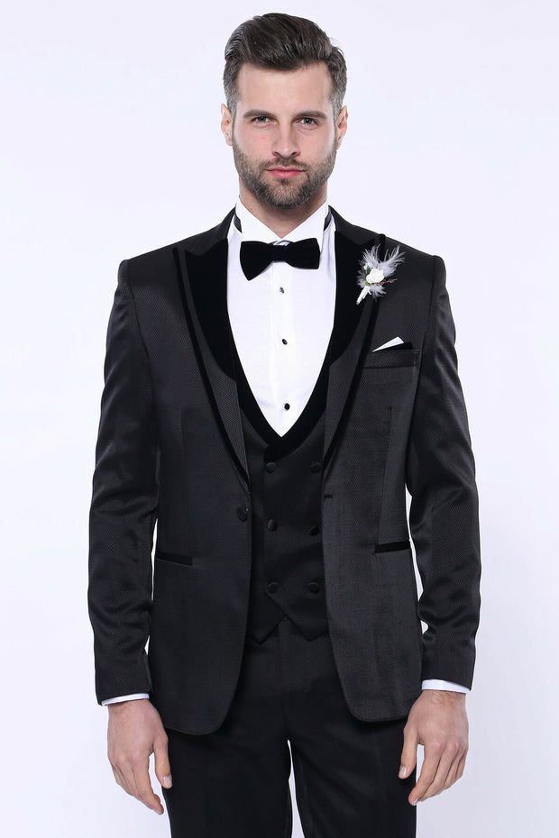 Patterned Velvet Lapel Black Tuxedo | Wessi 3 Piece Suits, 3-piece-suit, 34, 36, 40, 42, 44, 46, 48, Double Breasted, mens-suit_obsolete, Party, Peak, Peak Lapel, Suit, Wedding Suit3 Piece Su