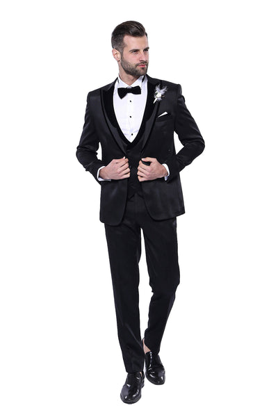 Patterned Velvet Lapel Black Tuxedo | Wessi 3 Piece Suits, 3-piece-suit, 34, 36, 40, 42, 44, 46, 48, Double Breasted, mens-suit_obsolete, Party, Peak, Peak Lapel, Suit, Wedding Suit3 Piece Su