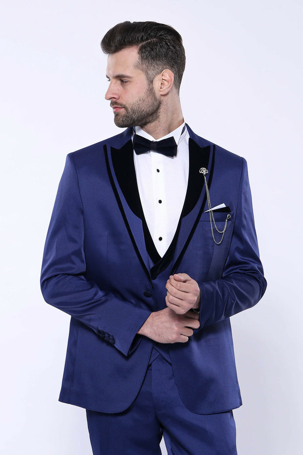 Patterned Velvet Lapel Blue Tuxedo | Wessi 3 Piece Suits, 3-piece-suit, 34, 36, 40, 42, 46, 48, Double Breasted, mens-suit_obsolete, Party, Peak, Peak Lapel, Suit, Wedding Suit3 Piece Suits -