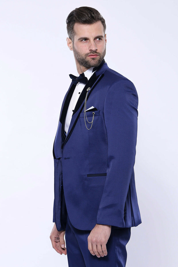 Patterned Velvet Lapel Blue Tuxedo | Wessi 3 Piece Suits, 3-piece-suit, 34, 36, 40, 42, 46, 48, Double Breasted, mens-suit_obsolete, Party, Peak, Peak Lapel, Suit, Wedding Suit3 Piece Suits -