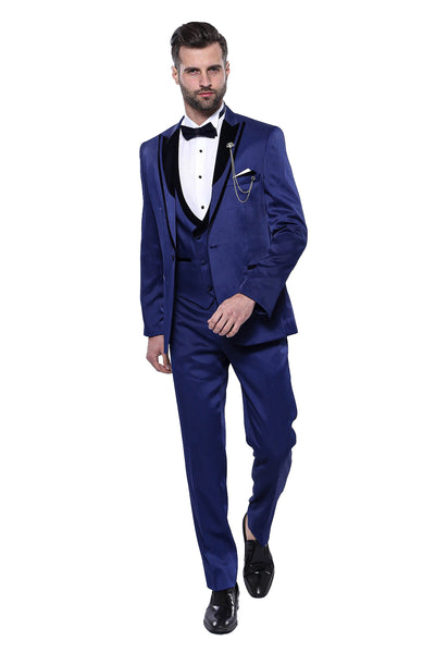 Patterned Velvet Lapel Blue Tuxedo | Wessi 3 Piece Suits, 3-piece-suit, 34, 36, 40, 42, 46, 48, Double Breasted, mens-suit_obsolete, Party, Peak, Peak Lapel, Suit, Wedding Suit3 Piece Suits -