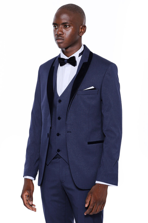 Patterned Velvet Lapel Navy Blue Tuxedo 3-piece-suit, 34, 36, 38, 40, 42, 44, 46, 48, Blue, Modern Fit, Navy, Navy Blue, Party, Slim Fit, Slim Fit Suit, Suit, Wedding SuitSlim Fit Suit - wess