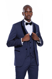 Patterned Velvet Lapel Navy Blue Tuxedo 3-piece-suit, 34, 36, 38, 40, 42, 44, 46, 48, Blue, Modern Fit, Navy, Navy Blue, Party, Slim Fit, Slim Fit Suit, Suit, Wedding SuitSlim Fit Suit - wess