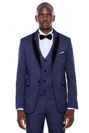 Patterned Velvet Lapel Navy Blue Tuxedo 3-piece-suit, 34, 36, 38, 40, 42, 44, 46, 48, Blue, Modern Fit, Navy, Navy Blue, Party, Slim Fit, Slim Fit Suit, Suit, Wedding SuitSlim Fit Suit - wess