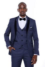 Patterned Velvet Lapel Navy Blue Tuxedo 3-piece-suit, 34, 36, 38, 40, 42, 44, 46, 48, Blue, Modern Fit, Navy, Navy Blue, Party, Slim Fit, Slim Fit Suit, Suit, Wedding SuitSlim Fit Suit - wess