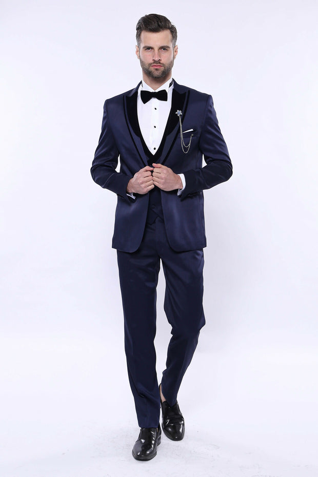 Patterned Velvet Lapel Navy Tuxedo | Wessi 3 Piece Suits, 3-piece-suit, 34, 36, 38, 40, 42, 44, 46, 48, Blue, Double Breasted, Navy, navy-blue, Party, Peak, Peak Lapel, Suit, Wedding Suit3 Pi