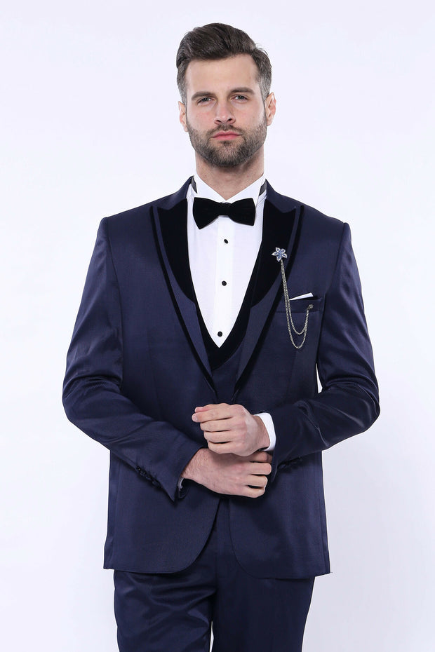 Patterned Velvet Lapel Navy Tuxedo | Wessi 3 Piece Suits, 3-piece-suit, 34, 36, 38, 40, 42, 44, 46, 48, Blue, Double Breasted, Navy, navy-blue, Party, Peak, Peak Lapel, Suit, Wedding Suit3 Pi