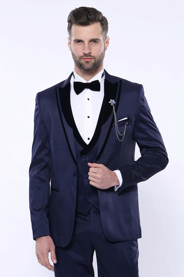 Patterned Velvet Lapel Navy Tuxedo | Wessi 3 Piece Suits, 3-piece-suit, 34, 36, 38, 40, 42, 44, 46, 48, Blue, Double Breasted, Navy, navy-blue, Party, Peak, Peak Lapel, Suit, Wedding Suit3 Pi